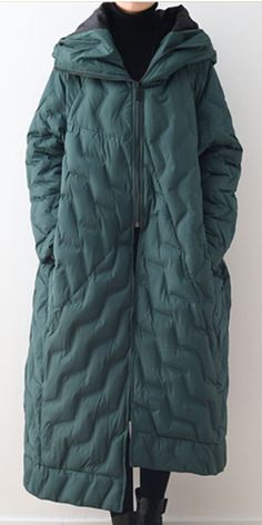 Green Hooded Loose Long Irregular Winter Women Down Jacket Long Sleeve Duck Down Quilted Jacket For Cold Weather, Long Duck Down Puffer Coat, Duck Down Puffer Long Coat, Duck Down Quilted Jacket For Cold Weather, Duck Down Parka For Cold Weather In Fall, Duck Down Long Coat For Cold Weather, Duck Down Puffer Jacket With Detachable Hood, Duck Down Puffer Parka For Fall, Fall Duck Down Parka For Cold Weather