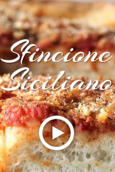 a close up of a slice of pizza on a plate with the words sancione siciliano above it