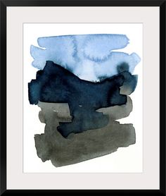 an abstract painting with blue and gray colors on white paper, framed in black frame