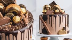 a cake with chocolate icing and gold decorations on the top is shown in two different angles