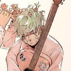 an anime character holding a guitar in his hands and looking at the camera while wearing a pink shirt