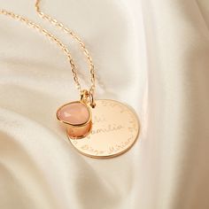 Celebrate love that knows no limits with our Personalized We Are Family Necklace. Featuring a simple large disc hand-engraved with We are family, and your special message around the edge.18K Champagne Gold Plated, 925 Sterling Silver or 18K Rose Gold PlatedDisc charm: 1x1Learn more about each stone with our Stone GuideSecure clasp fasteningCharms are removable from this chain and can be worn on all Merci Maman chain lengthsHand-engraved in our Paris workshopSent with love in a complimentary gift Engraved Jewelry, Message Names, Engraved Necklace, Family Necklace, Blue Chalcedony, Aqua Chalcedony, Green Onyx, We Are Family, Disc Necklace