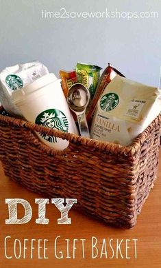 a wicker basket filled with coffee items on top of a wooden table