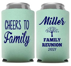 two can coolers with the words cheers to family reunion printed on them, one is green and the other is blue