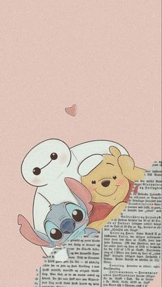 winnie the pooh and eef hugging on top of each other in front of a pink background