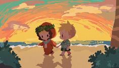 two children are walking on the beach at sunset, one is holding hands with the other