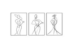 three line drawings of women in dresses and hats, one with a hat on her head