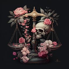 a skull sitting on top of a scale with pink flowers and leaves around it in front of a black background