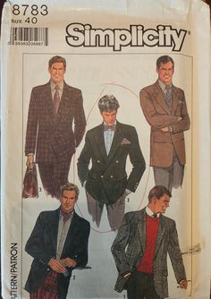 Simplicity 8783 Mens Jacket/Blazer | Single-Breasted or Double-Breasted, Lined, Notched Collar, Back Vent | Sewing Pattern, size 40. Copyright 1988; factory folded and UNCUT. Jackets have front button closing, notched collar, back vent, long two-piece set-in sleeves with button trim, inside breast pockets, lower pockets with optional flaps and optional welt breast pockets. **Please see size chart to determine if this pattern size fits your needs before purchasing. You are purchasing a pre-owned paper sewing pattern. Envelope has some wear and discoloration due to age, and might be missing the envelope flap. Instructions and pattern are in good condition, and pattern is still factory folded and uncut. Some tears may have been mended with archival tape to prevent further damage while I inspe 1960s Mens Suit, Vintage Mens Blazer, 60s Men, Bond Style, Mens Sewing Patterns, Blithe Spirit, Mens Blazer Jacket, Mens Suit Jacket, Jacket Pattern Sewing