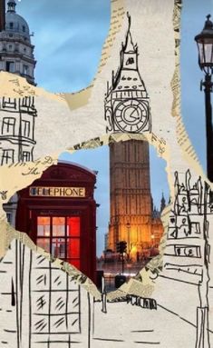 a collage of photos with the big ben clock tower in london, england on it's side