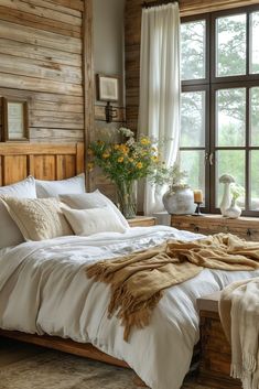 a large bed sitting in a bedroom next to a window covered in blankets and pillows