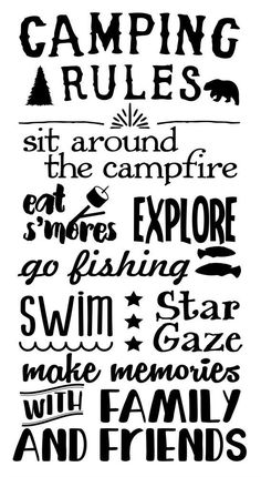 a black and white poster with the words camping rules written in different font styles on it