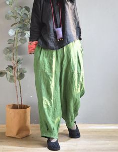 Comfortable Elastic Waist Leisure Linen Harem Pants — Obiono Baggy Embroidered Pants For Spring, Spring Green Harem Pants With Loosely Fitted Hips, Green Harem Pants With Loosely Fitted Hips For Spring, Spring Embroidered Loose Fit Pants, Embroidered Wide Leg Harem Pants For Spring, Casual Embroidered Harem Pants For Spring, Green Linen Bottoms For Fall, Casual Green Embroidered Bottoms, Casual Spring Embroidered Harem Pants