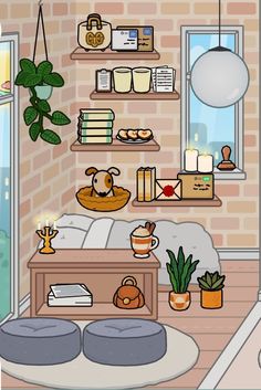 a room filled with lots of books and plants next to a window on top of a brick wall