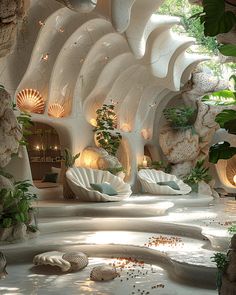 the interior of a building with shell like structures and plants growing out of it's walls