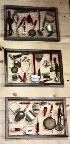 there are three trays with different types of cooking utensils in them on the wall