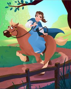 a girl riding on the back of a brown horse next to a tree and fence