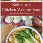 red curry chicken wonton soup in a white bowl