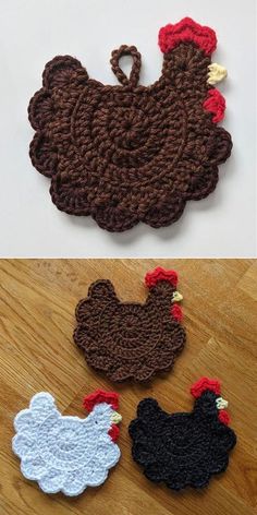 three crocheted chicken coasters sitting on top of a wooden table next to each other