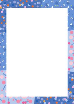 a white square frame with confetti and stars around it on a blue background