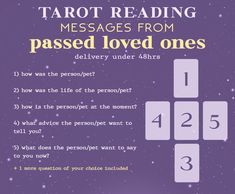 the tarot reading messages from passed loved ones is shown in purple and gold text