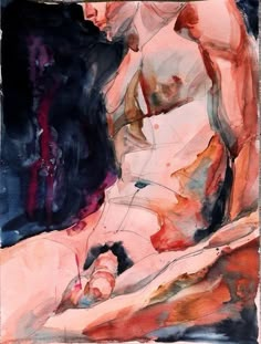 an abstract painting with watercolor and ink on paper, depicting a woman laying down