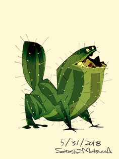 a green cactus with its mouth open and it's legs spread out to the side