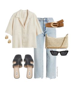 Classy Chic Spring Outfits, Straw Bag Outfit Summer, H&m Fits, Straight Jeans Outfit Summer, Blue Jeans Summer Outfit, Brown Sunglasses Outfit, Boat Outfit Women, H And M Outfits, Black Jeans Outfit Summer