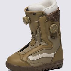 the snowboard boots are tan and brown