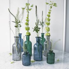 several vases with flowers in them sitting on a marble counter top next to each other