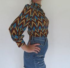 1960s 60s Retro Mod Brown & Blue Zig Zag by VintageRetroUnique, $10.00 60s Retro, Zig Zag, Womens Clothing Tops, 1960s, Fashion Inspo, Long Sleeve Blouse, Tops & Tees, Clothes For Women, Trending Outfits