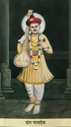 a painting of a man holding a bag in his right hand and wearing a yellow outfit