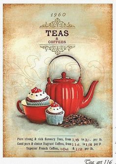 an advertisement for teas and coffees with cupcakes