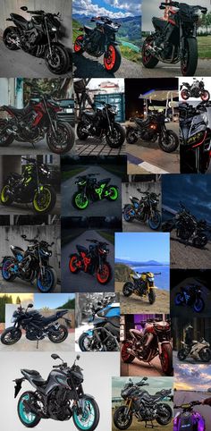 there are many different motorcycles that can be seen in this collage, including one with the same color wheels