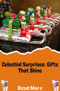 the cover of celestial surprises gifts that shine, with candy canes and candies