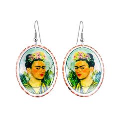 a pair of earrings with an image of fridah on the front and back