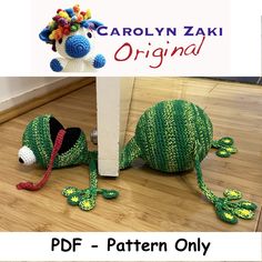 two crocheted animals sitting next to each other on the floor with text overlay