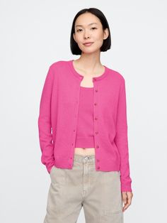 Supersoft cotton-blend, slightly cropped cardigan.  Round neck, button front.  Long sleeves.  Fit: Classic.  A straight & easy fit.  Slightly cropped, hits above the hip.  Models wearing Gap Homecoming Dresses Sparkly, Gap Cardigan, Mom Sweater, Cardigan Pink, Support People, Gender Equality, Chic Sweaters, Pink Cardigan, Cropped Cardigan