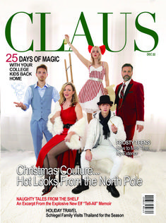 a magazine cover with three people dressed up as santa clause and the title, claus