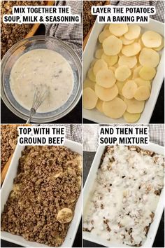 the steps to make baked potato casserole are shown in four different pictures, including potatoes and milk