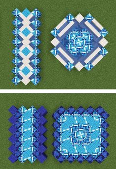 three different pictures of blue and white squares on green grass, each with an ornament in the middle