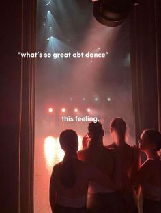 three women standing in front of a stage with lights on it and the words what's so great about dance?