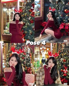 the woman is posing in front of a christmas tree