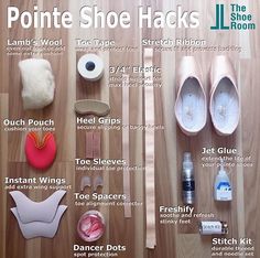 there are many different types of shoes and accessories on the floor with text above it that says pointe shoe hacks