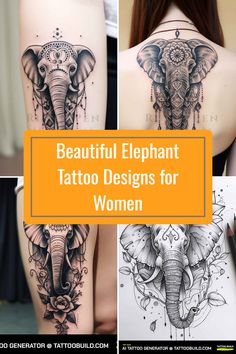 beautiful elephant tattoo designs for women on the back of their body and shoulders, with an orange background