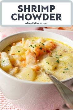 shrimp chowder in a white bowl with text overlay