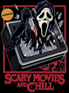 the poster for scary movies and chills is shown in red, black and white