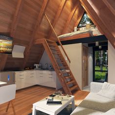 a loft with wooden walls and stairs leading up to the upper floor, has white furniture in it