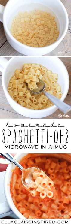 three pictures showing different types of macaroni and cheese in white bowls with spoons