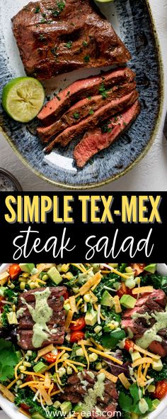 steak salad on a plate with limes and cilantro in the bowl next to it